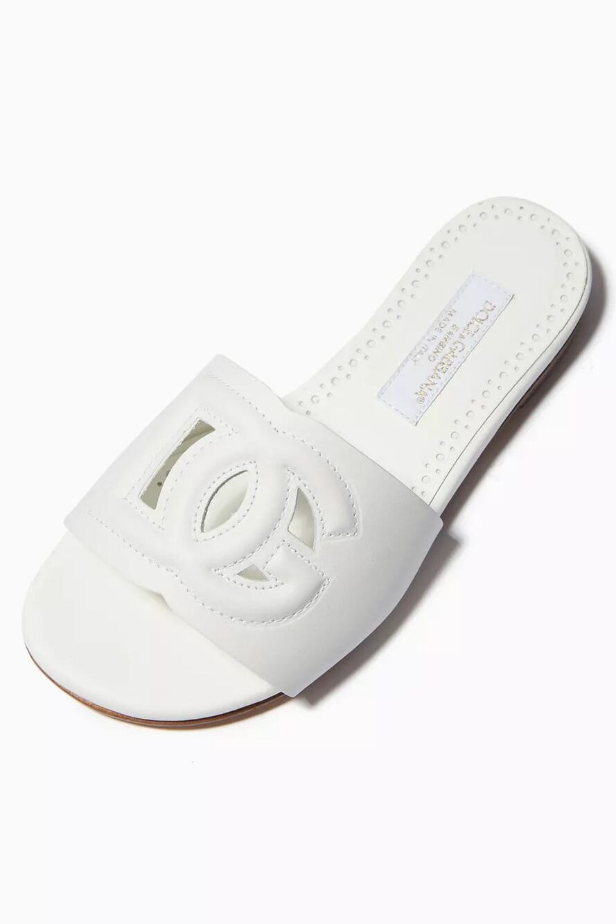 Dolce and Gabbana DG Millennials Cutout Logo Slides Sandals White Kid EU 32/US 1